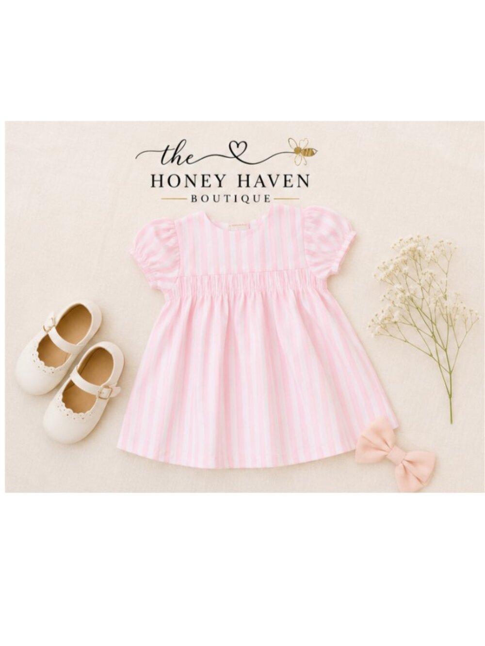💕 Pink Stripe Puff Sleeve Dress 💕 - Picture 2 of 5